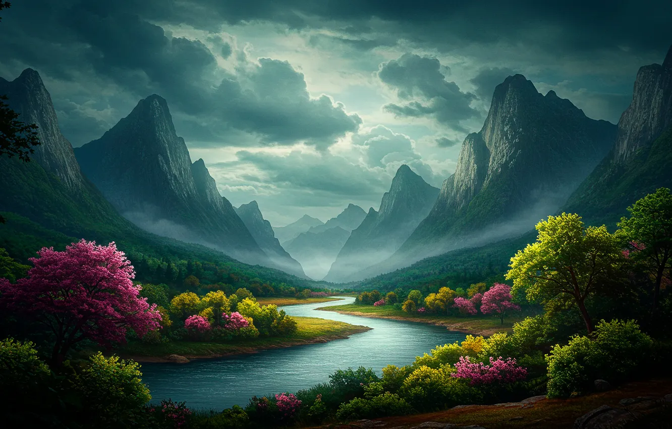 Photo wallpaper clouds, landscape, mountains, river, fantasy, art, haze, fantasy