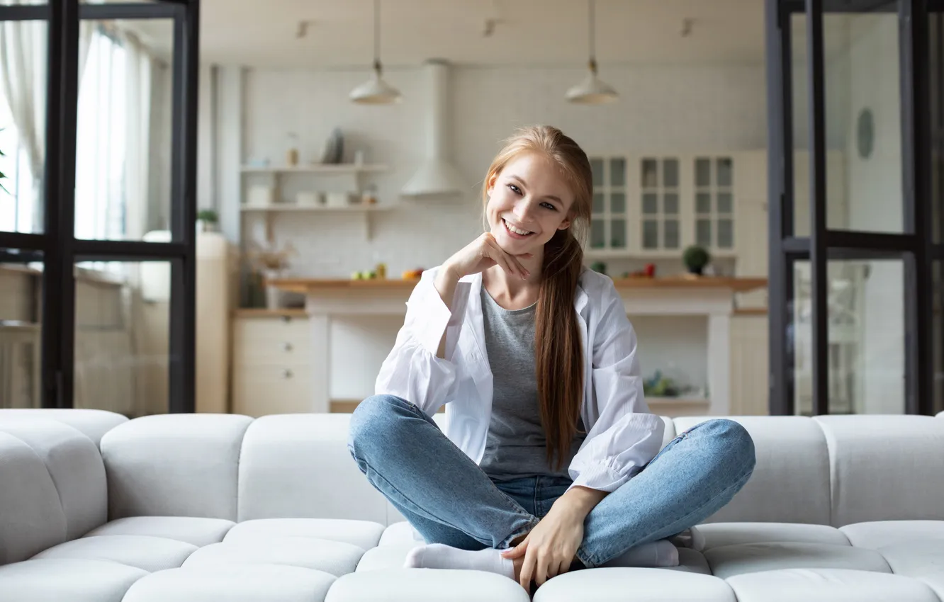 Photo wallpaper girl, smile, beautiful, model, long-haired