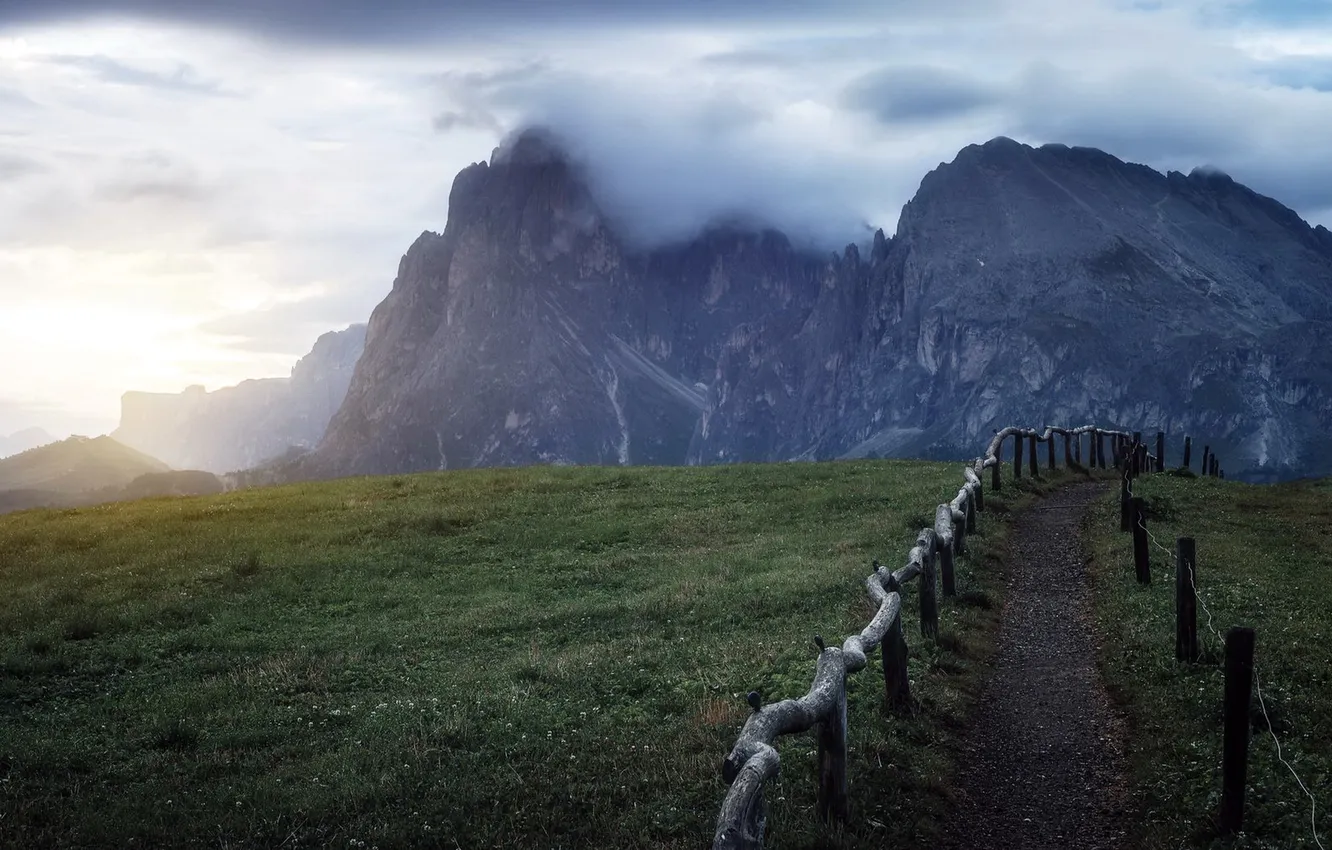 Photo wallpaper road, mountains, morning