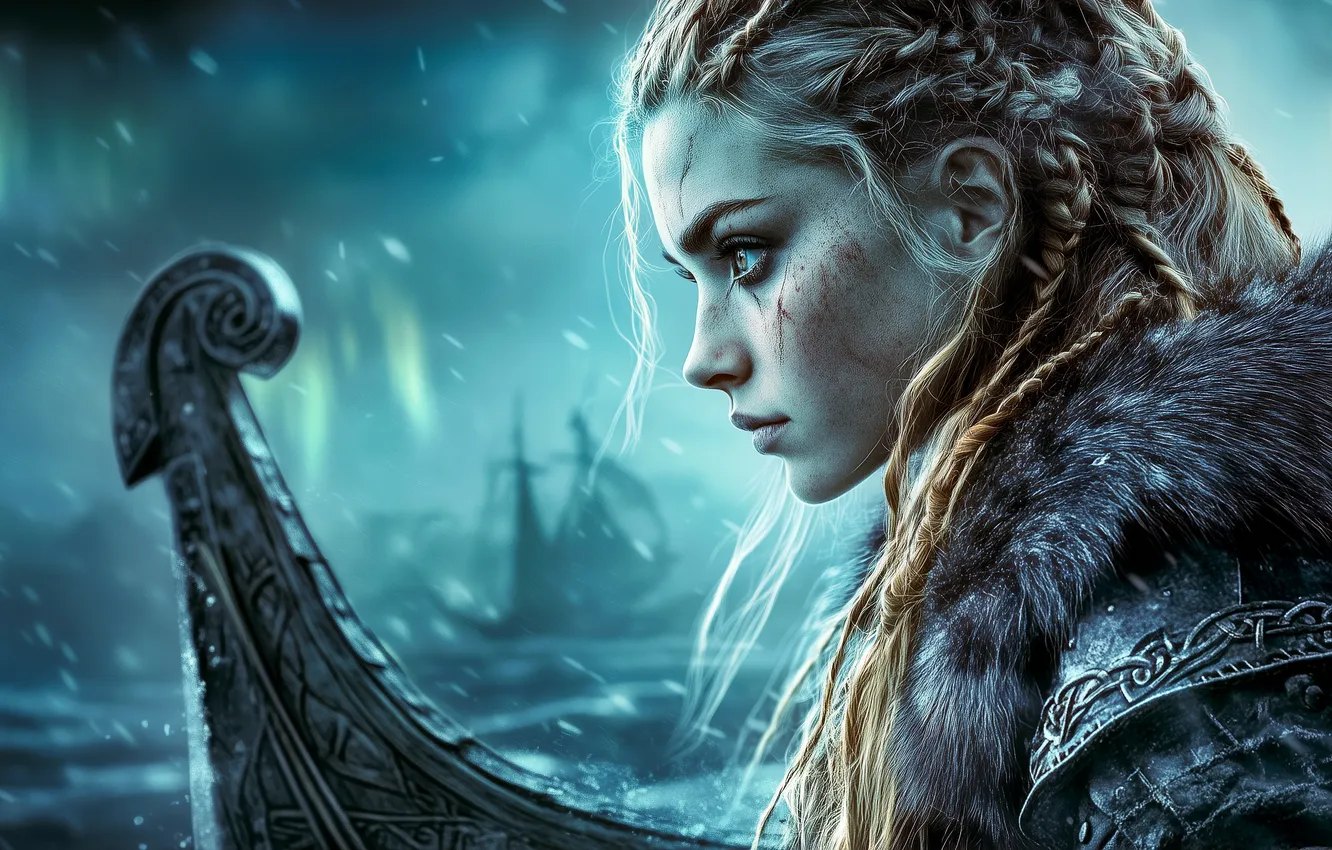 Photo wallpaper sea, look, girl, boat, ship, fantasy, blonde, profile