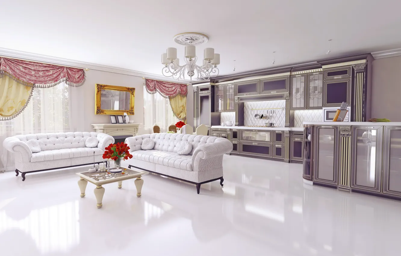 Photo wallpaper design, furniture, interior, chandelier, table, sofas, design, living room