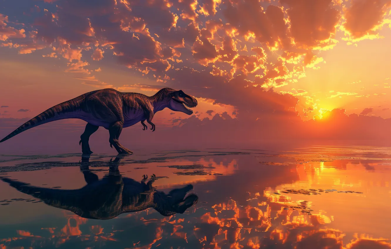 Photo wallpaper sea, water, clouds, animal, dawn, dinosaur, predator, Tyrannosaurus