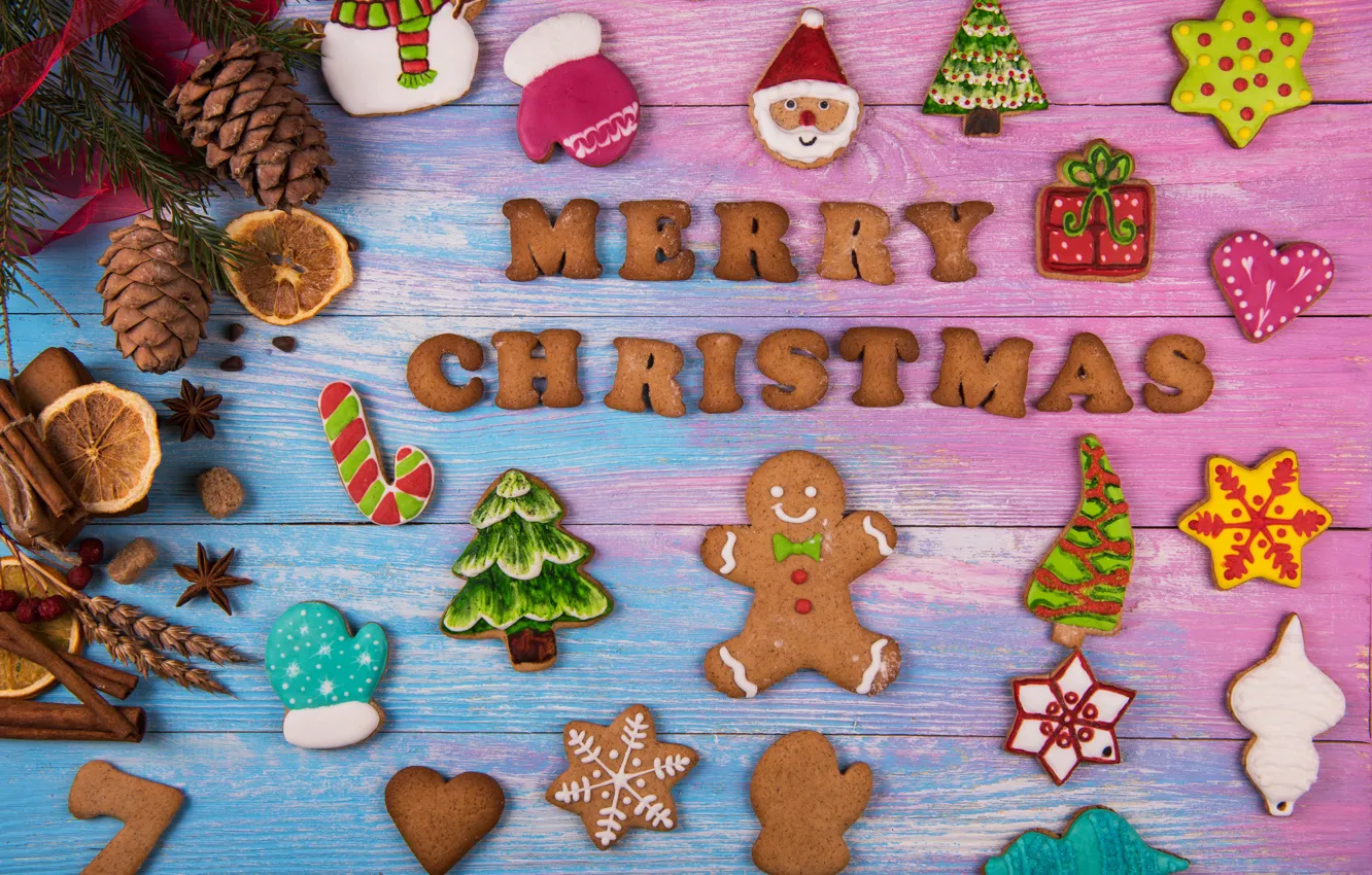 Photo wallpaper New Year, cookies, Christmas, wood, Merry Christmas, cookies, decoration, gingerbread