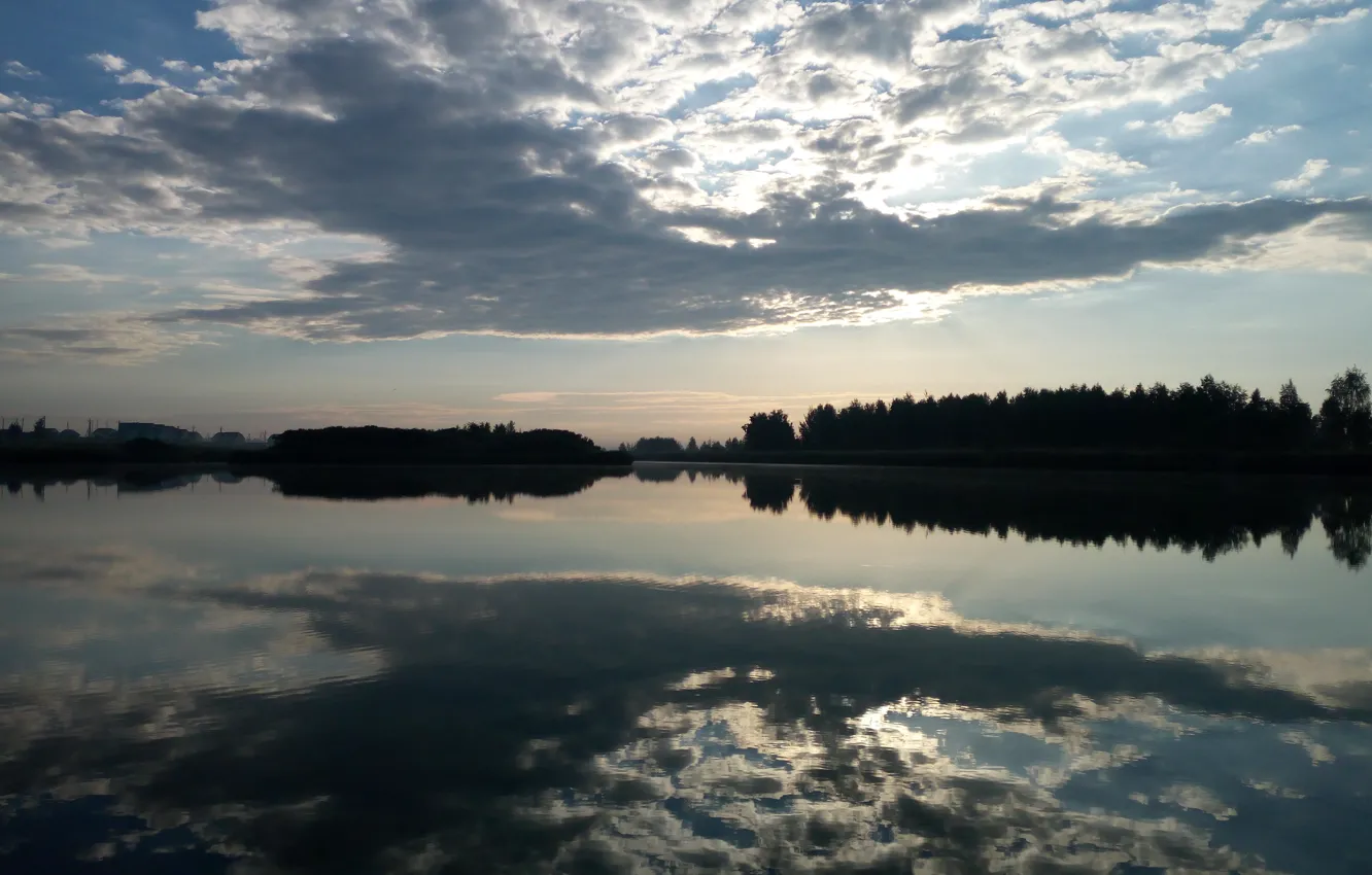 Photo wallpaper clouds, trees, lake