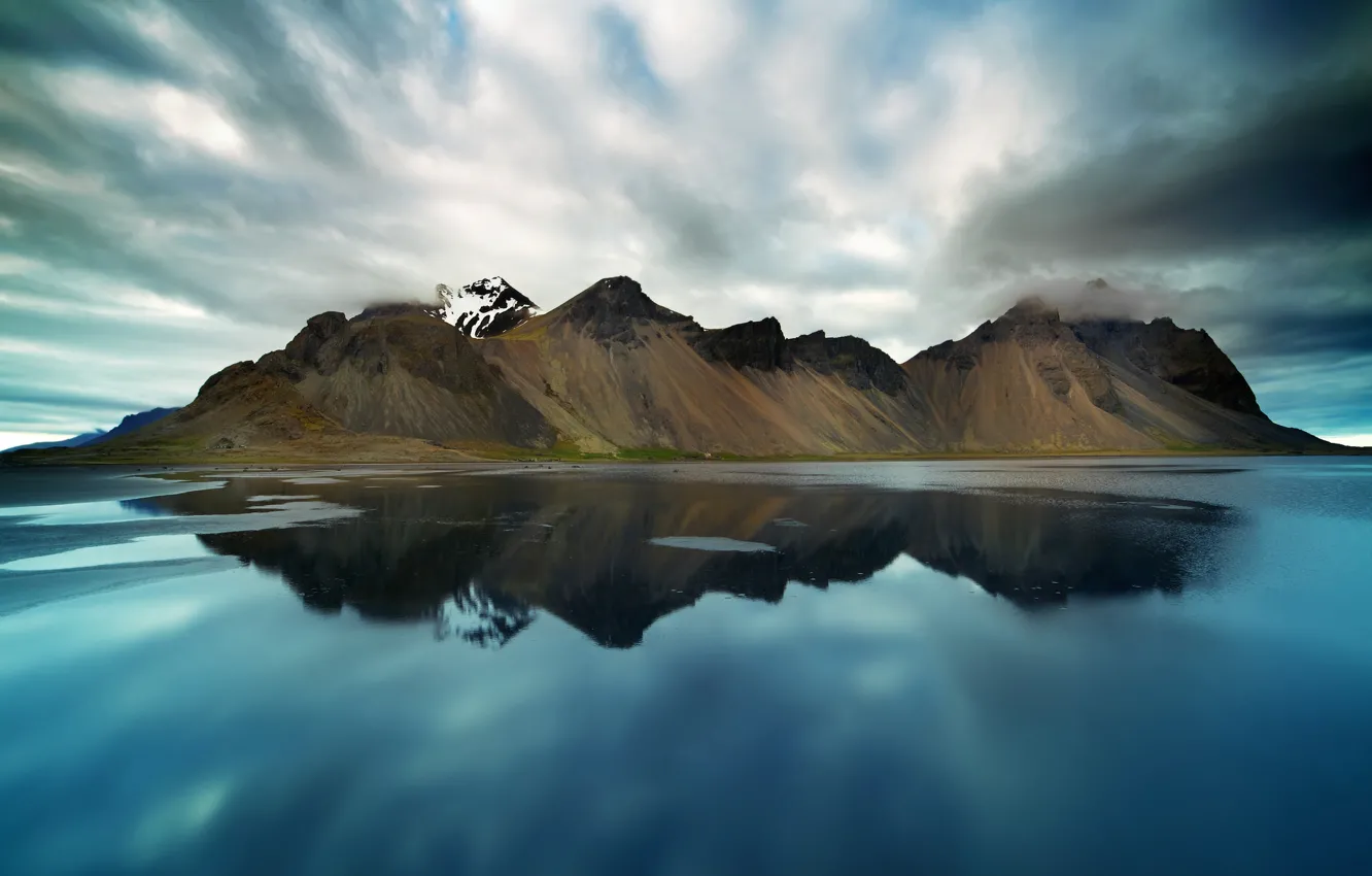 Photo wallpaper clouds, mountains, lake, reflection