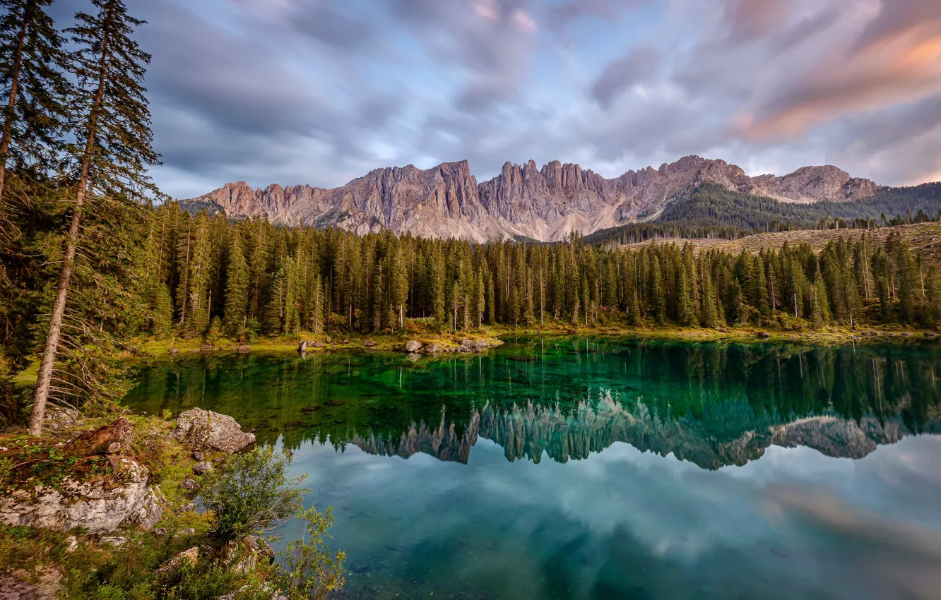 Photo wallpaper the sky, clouds, trees, reflection, Italy, The Dolomites, lake Carezza