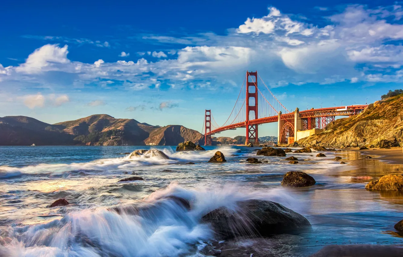 Photo wallpaper landscape, mountains, bridge, Strait, stones, rocks, CA, surf