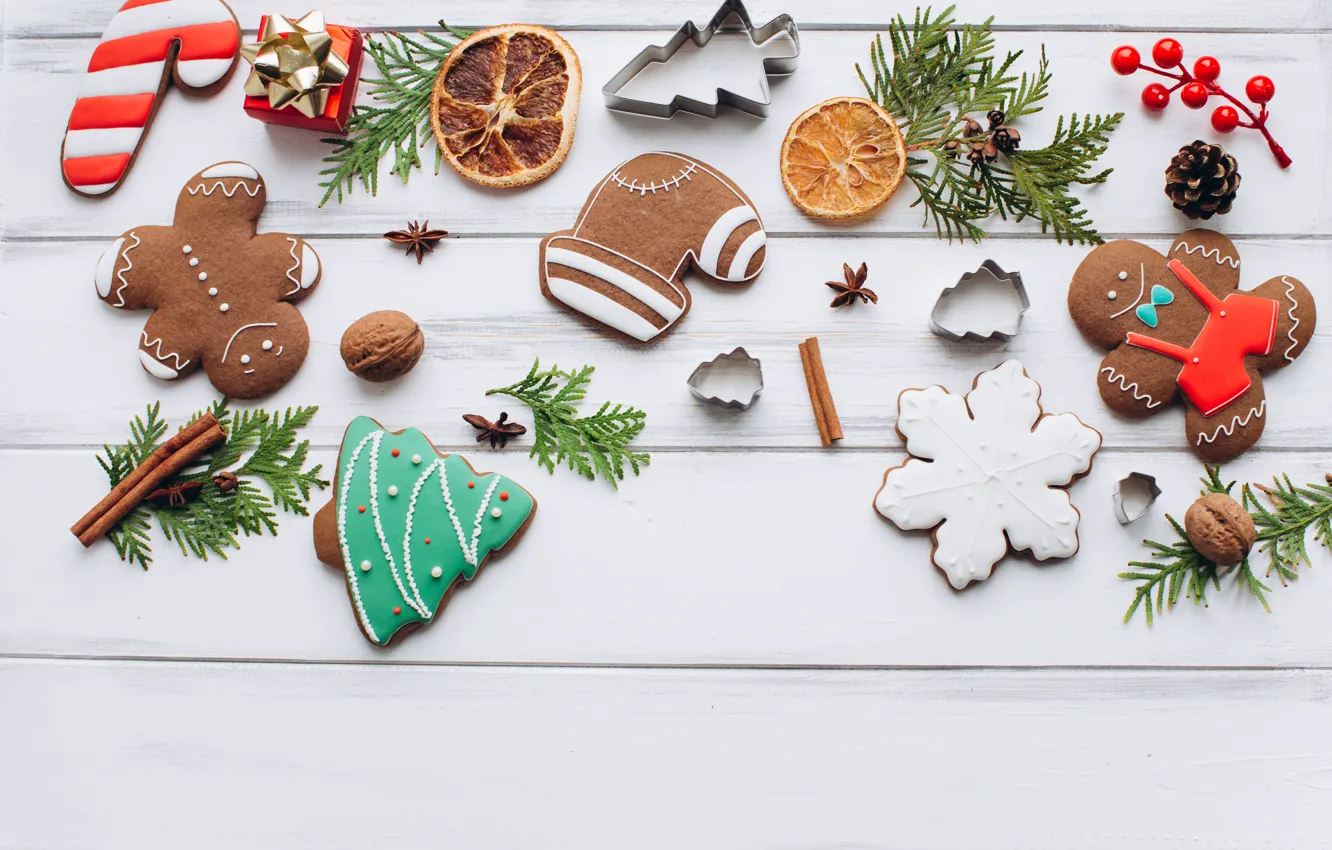 Photo wallpaper berries, COOKIES, CITRUS, NEW YEAR, HOLIDAY, FIR-TREE BRANCHES, TREATS