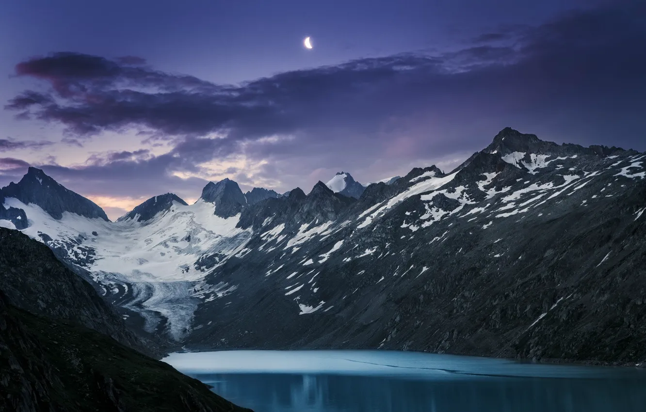 Photo wallpaper the sky, clouds, snow, mountains, nature, lake, rocks, the moon