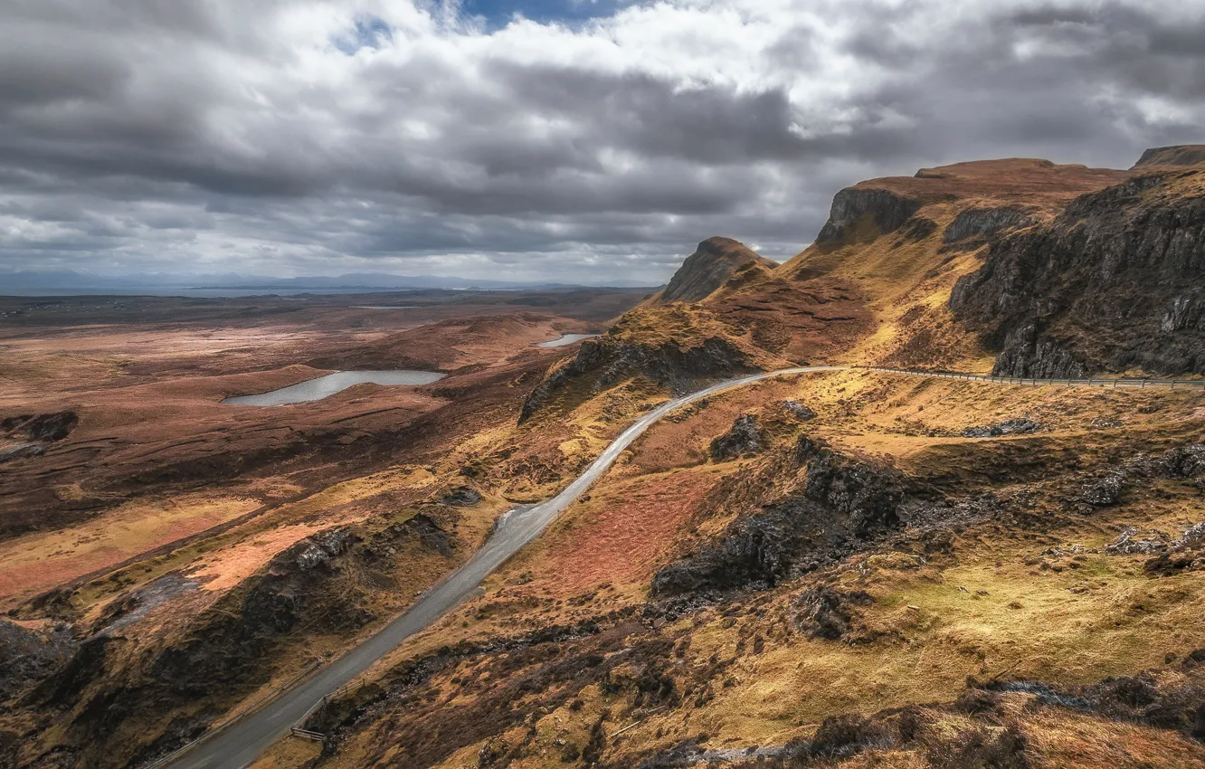 Photo wallpaper road, clouds, mountains, Scotland