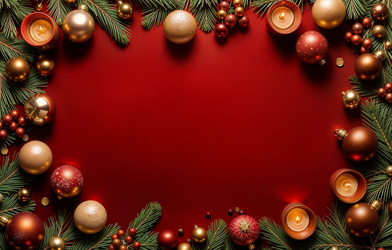 Photo wallpaper decoration, balls, new year, Christmas, golden, Christmas, balls, red background