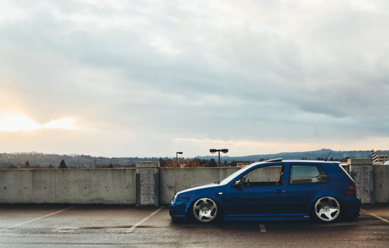 Photo wallpaper clouds, Volkswagen, wheel, Parking, Golf, lamppost