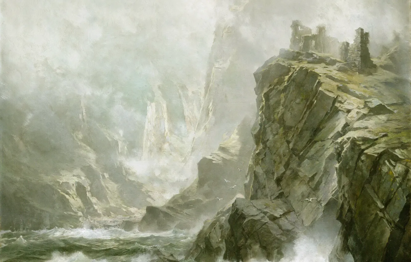 Photo wallpaper sea, wave, storm, rocks, the wind, picture, William Trost Richards