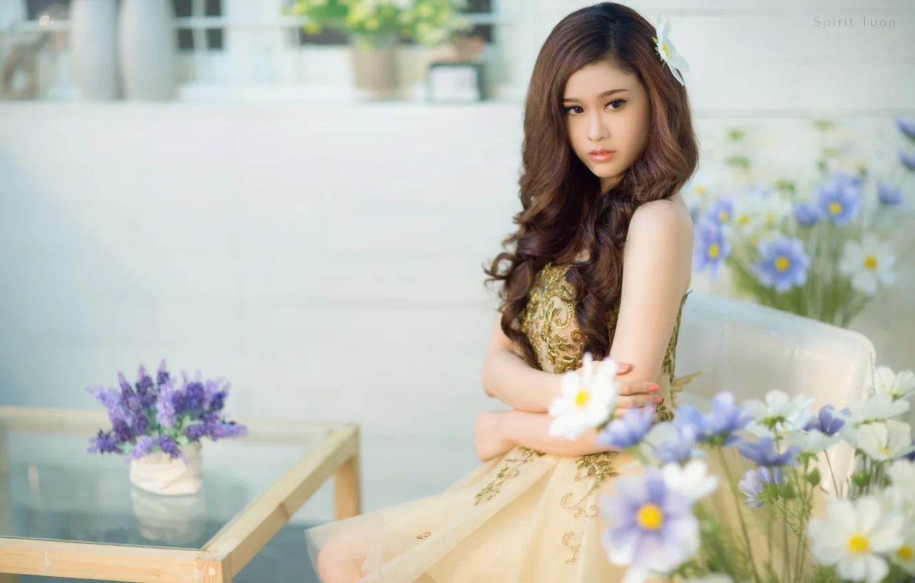 Photo wallpaper girl, flowers, Asian