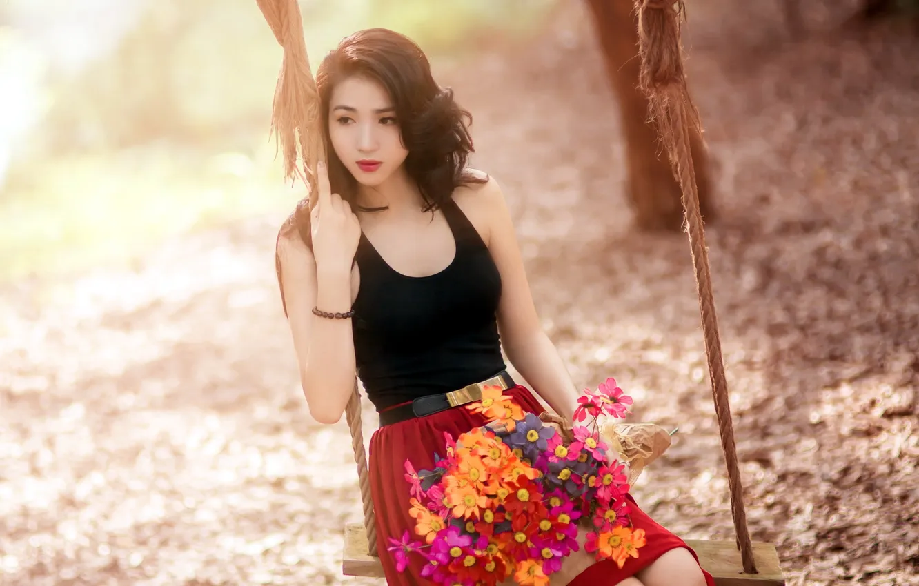 Photo wallpaper girl, swing, Asian