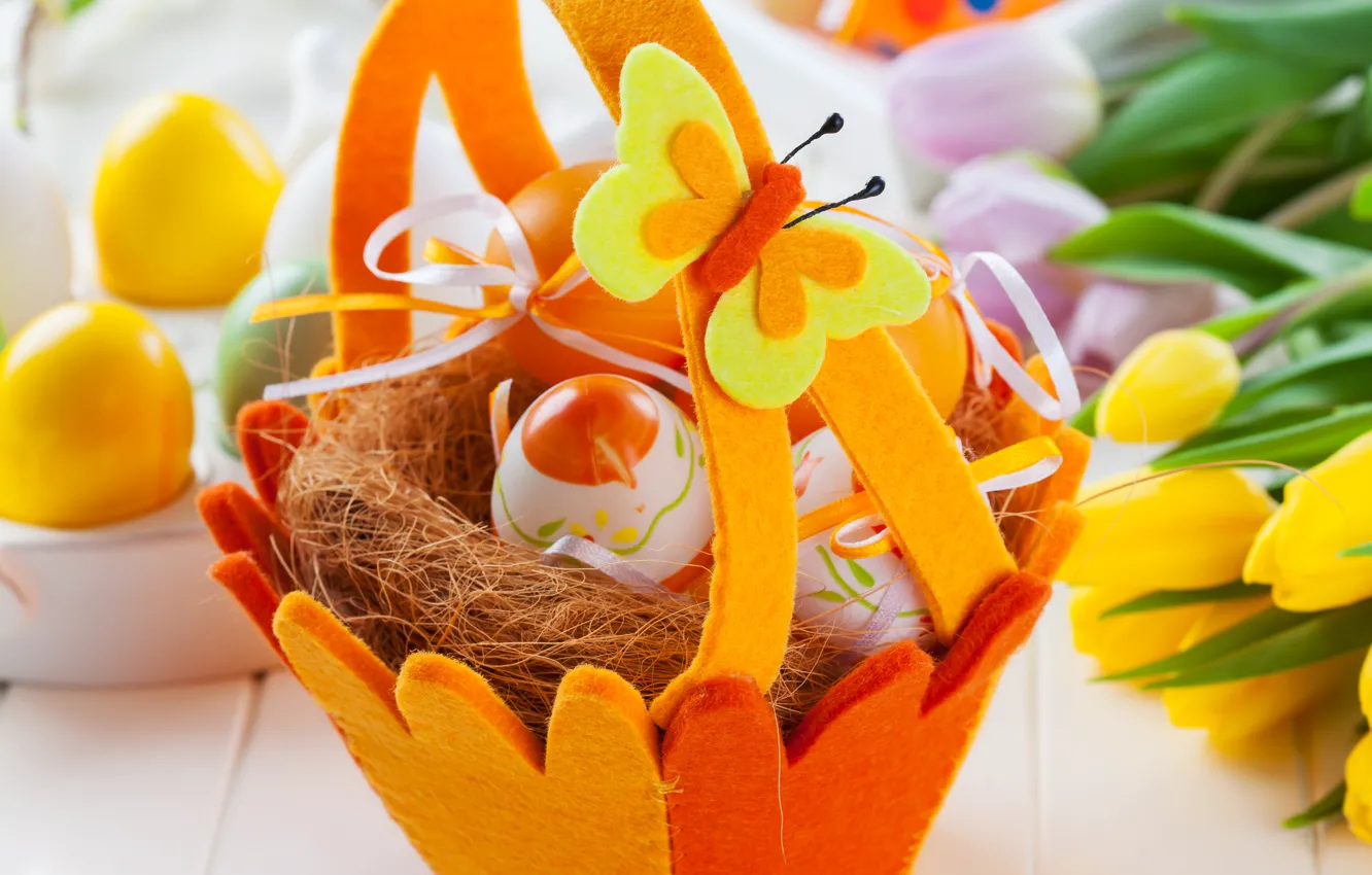 Photo wallpaper basket, eggs, colorful, Easter, flowers, tulips, eggs, easter