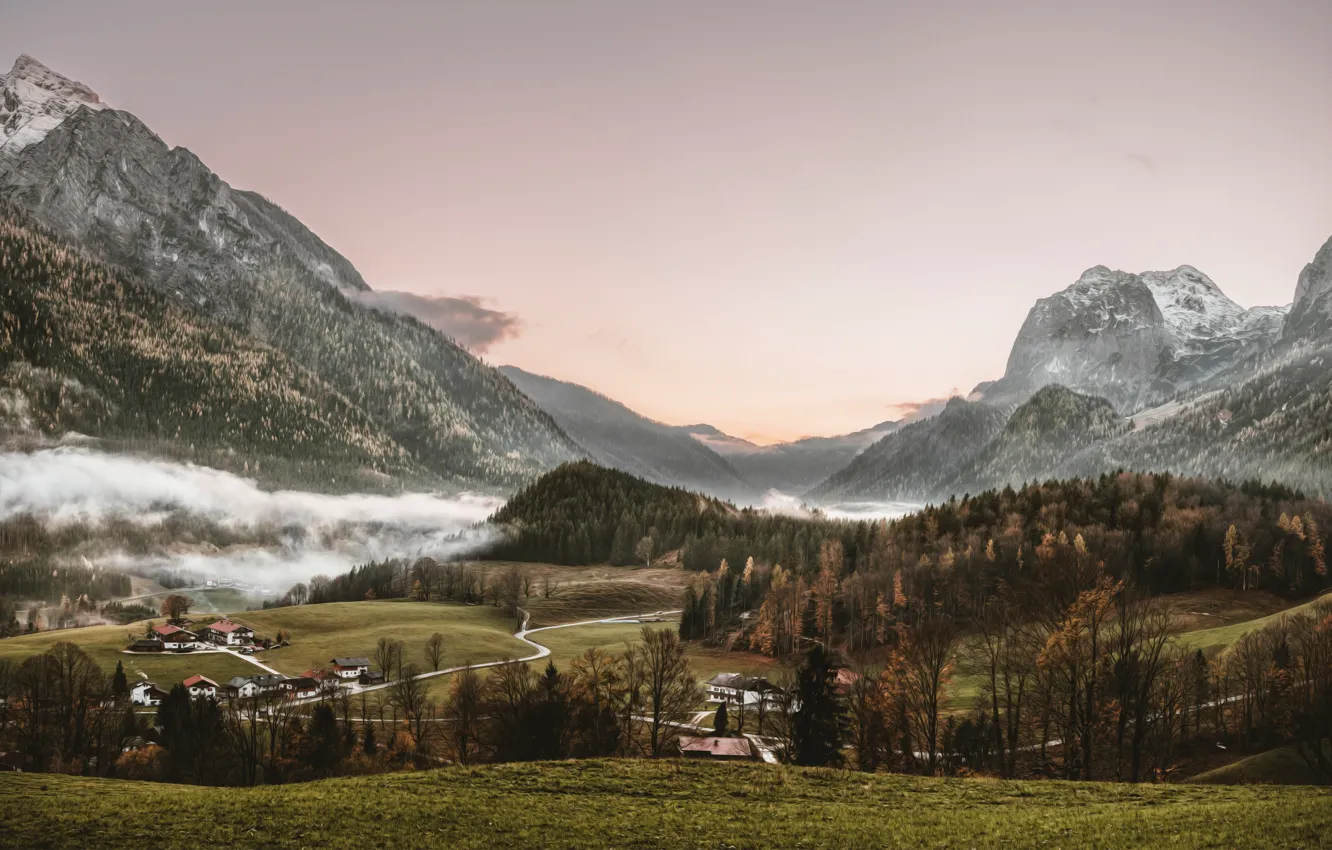 Photo wallpaper landscape, mountains, nature, fog, the evening, valley, village, haze