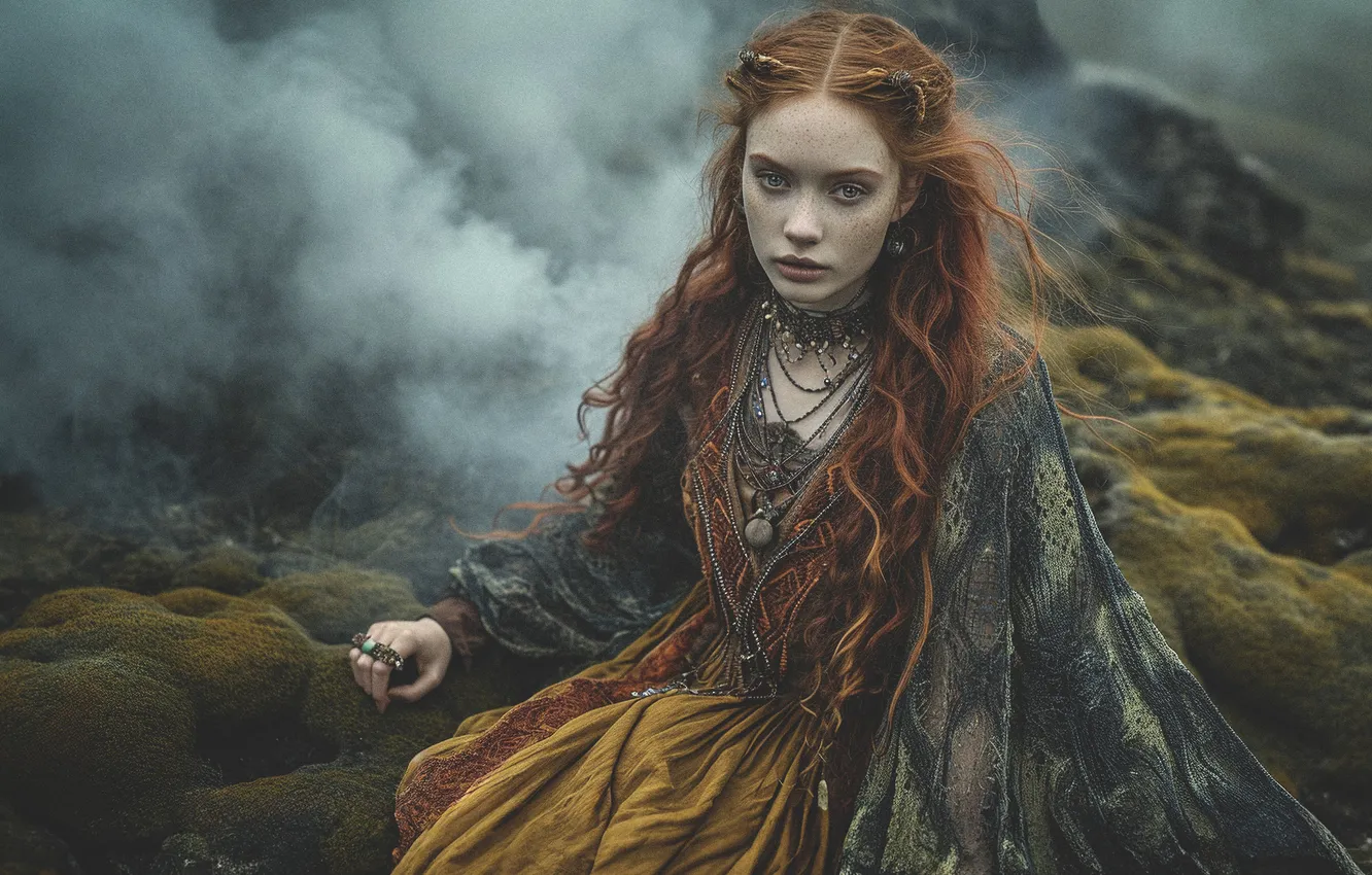 Photo wallpaper look, girl, decoration, nature, pose, stones, smoke, moss