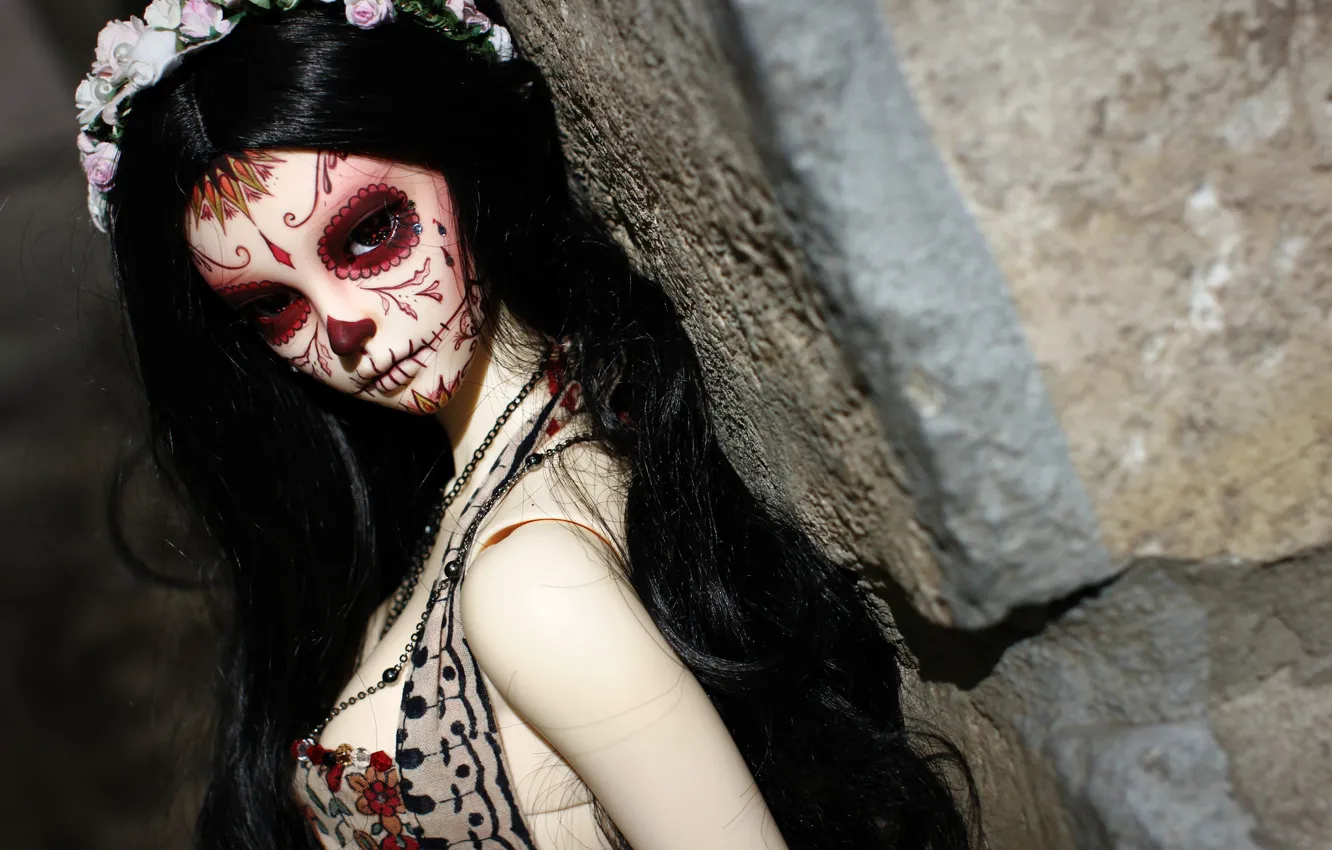 Photo wallpaper face, figure, doll, brunette, tattoo