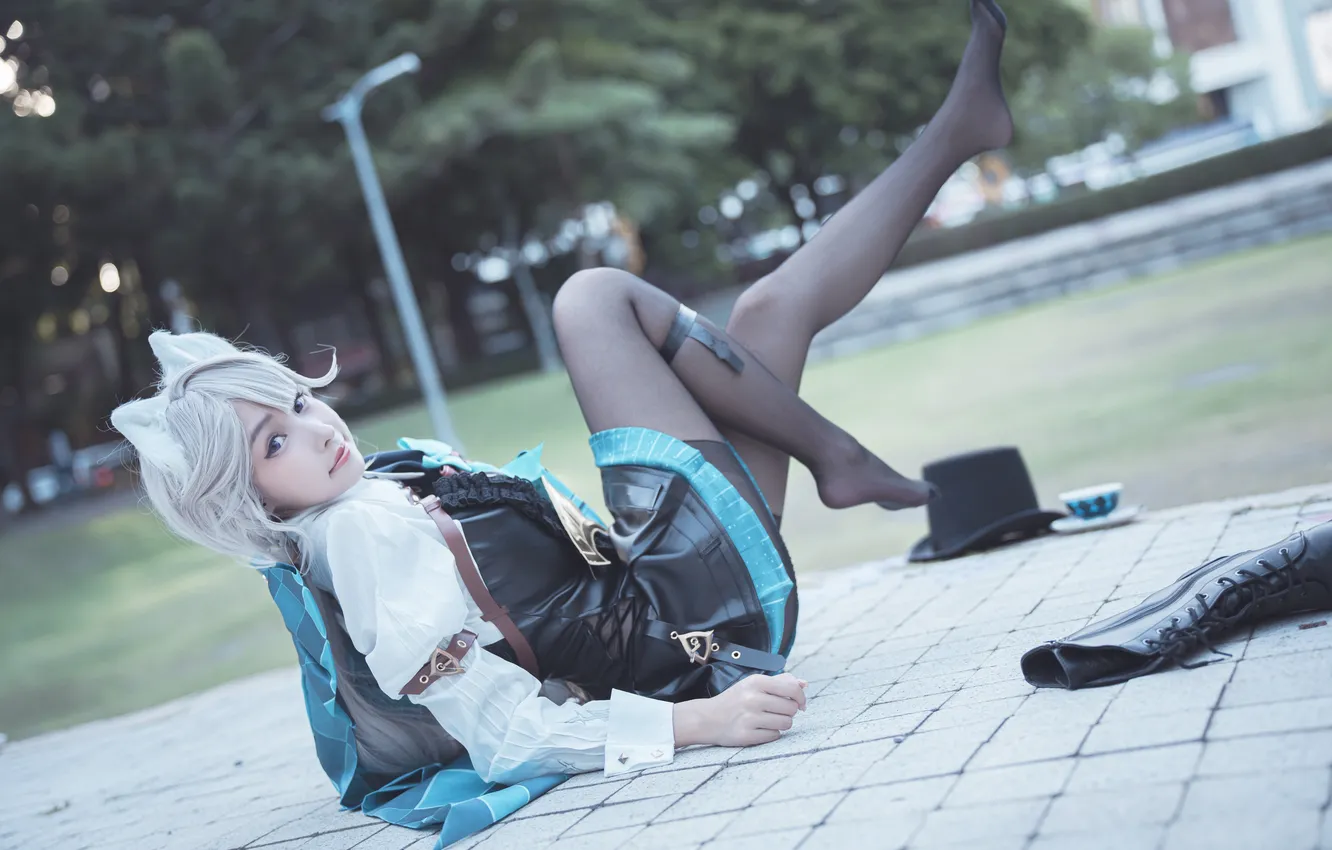 Photo wallpaper women, cosplay, bent legs, arm support, video game girls, on the ground, whole body, Lynette …