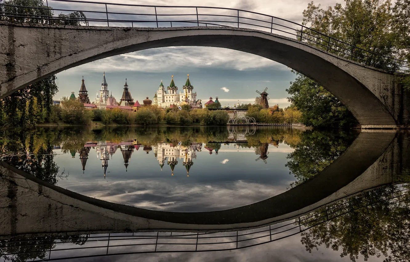 Photo wallpaper bridge, reflection, river, temple