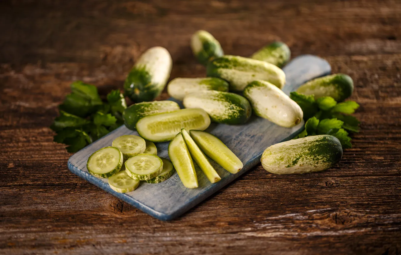 Photo wallpaper slices, cutting, cucumbers, cutting Board