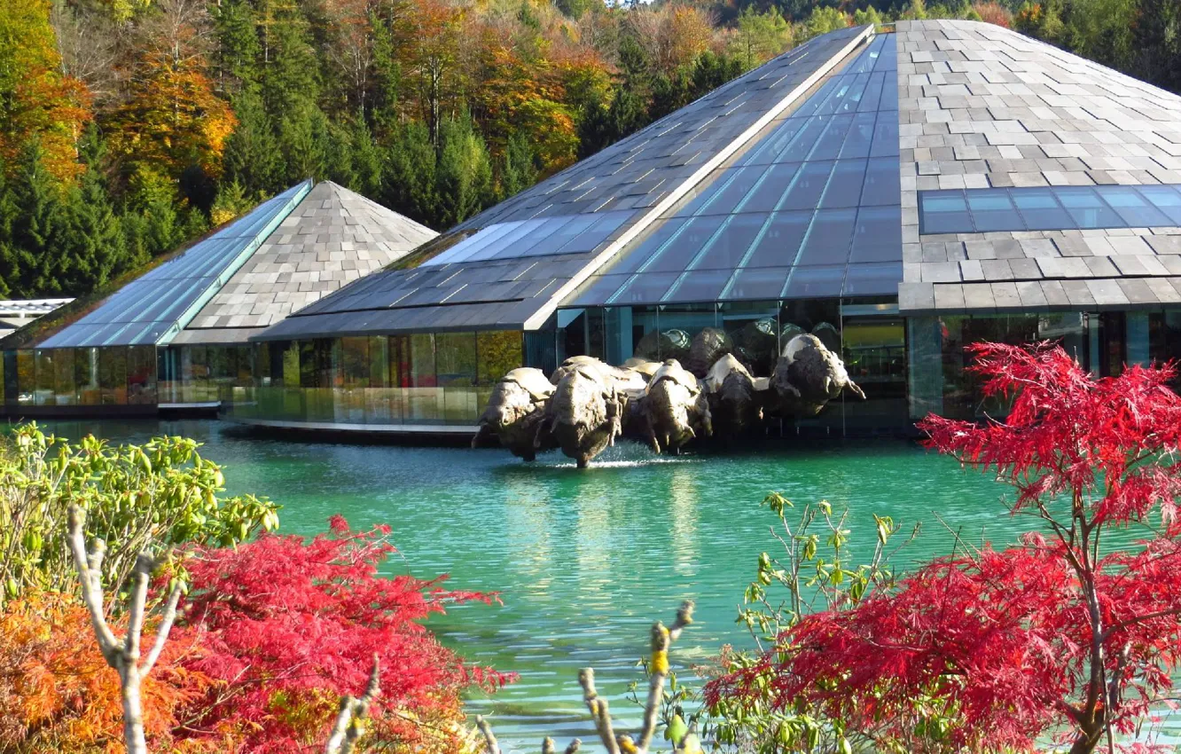 Photo wallpaper trees, landscape, nature, lake, Austria, sculpture, Salzburg, pavilions