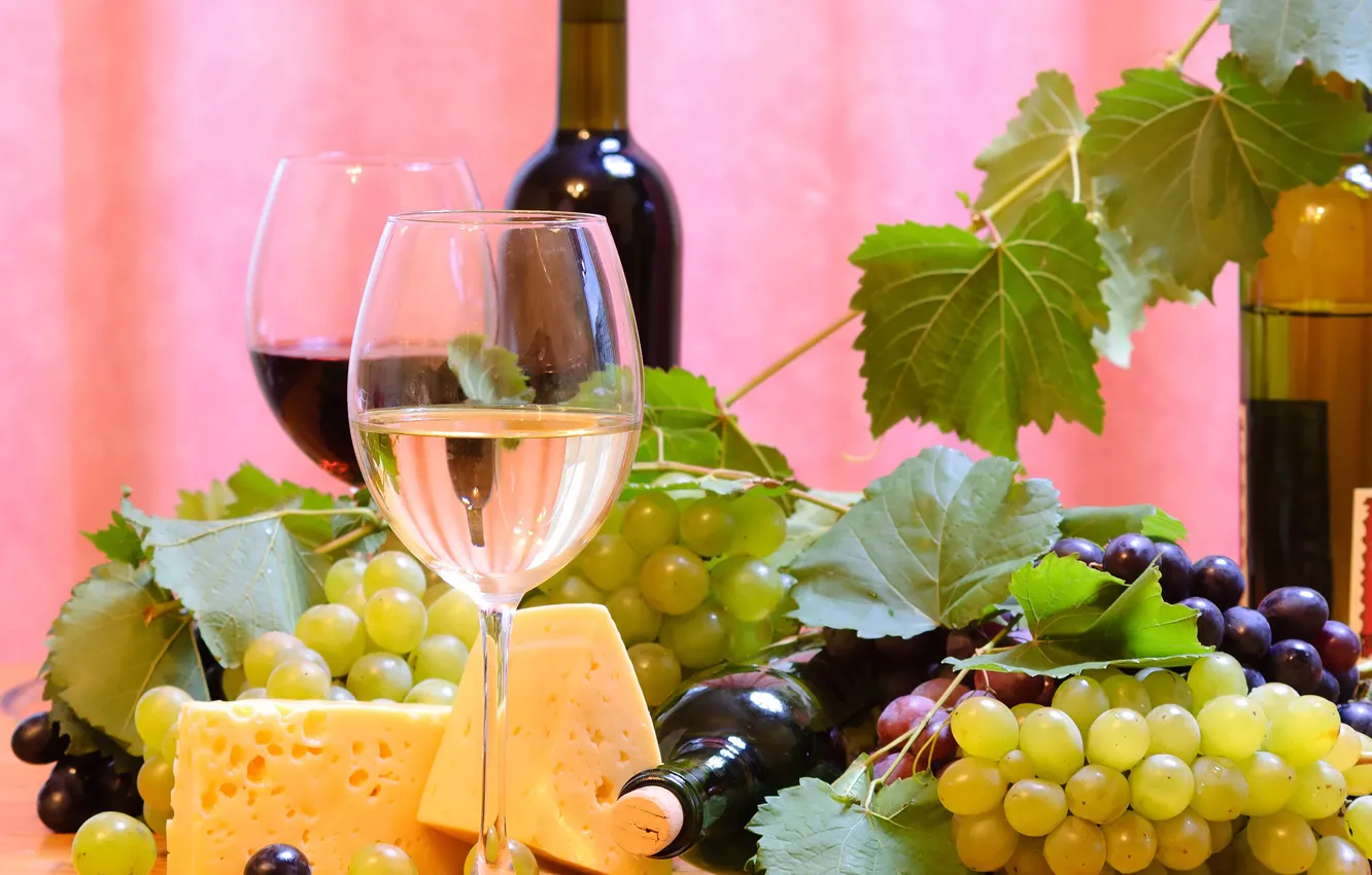 Photo wallpaper leaves, wine, glass, bottle, cheese, grapes, bokeh