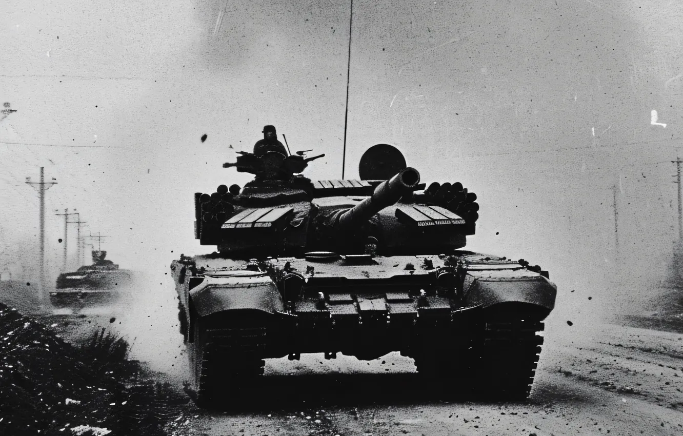 Photo wallpaper retro, smoke, dust, tank, black and white, digital art, AI art, The Art of Artificial …