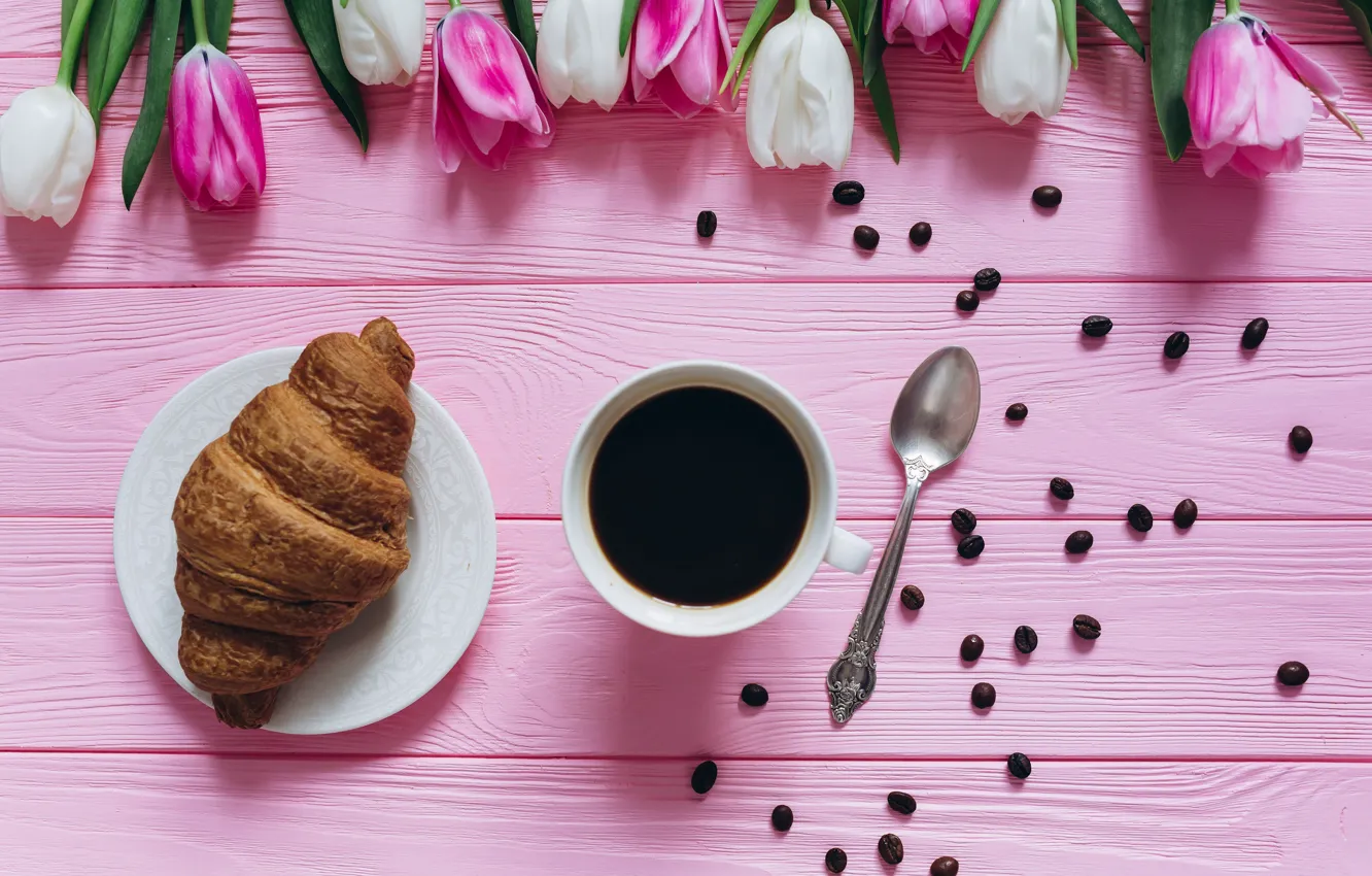 Photo wallpaper coffee, tulips, croissant