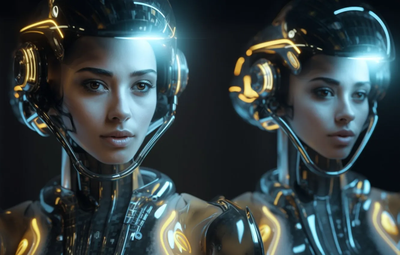 Photo wallpaper girl, face, robot, technology, pair, cyborg, the futuristic, digital art