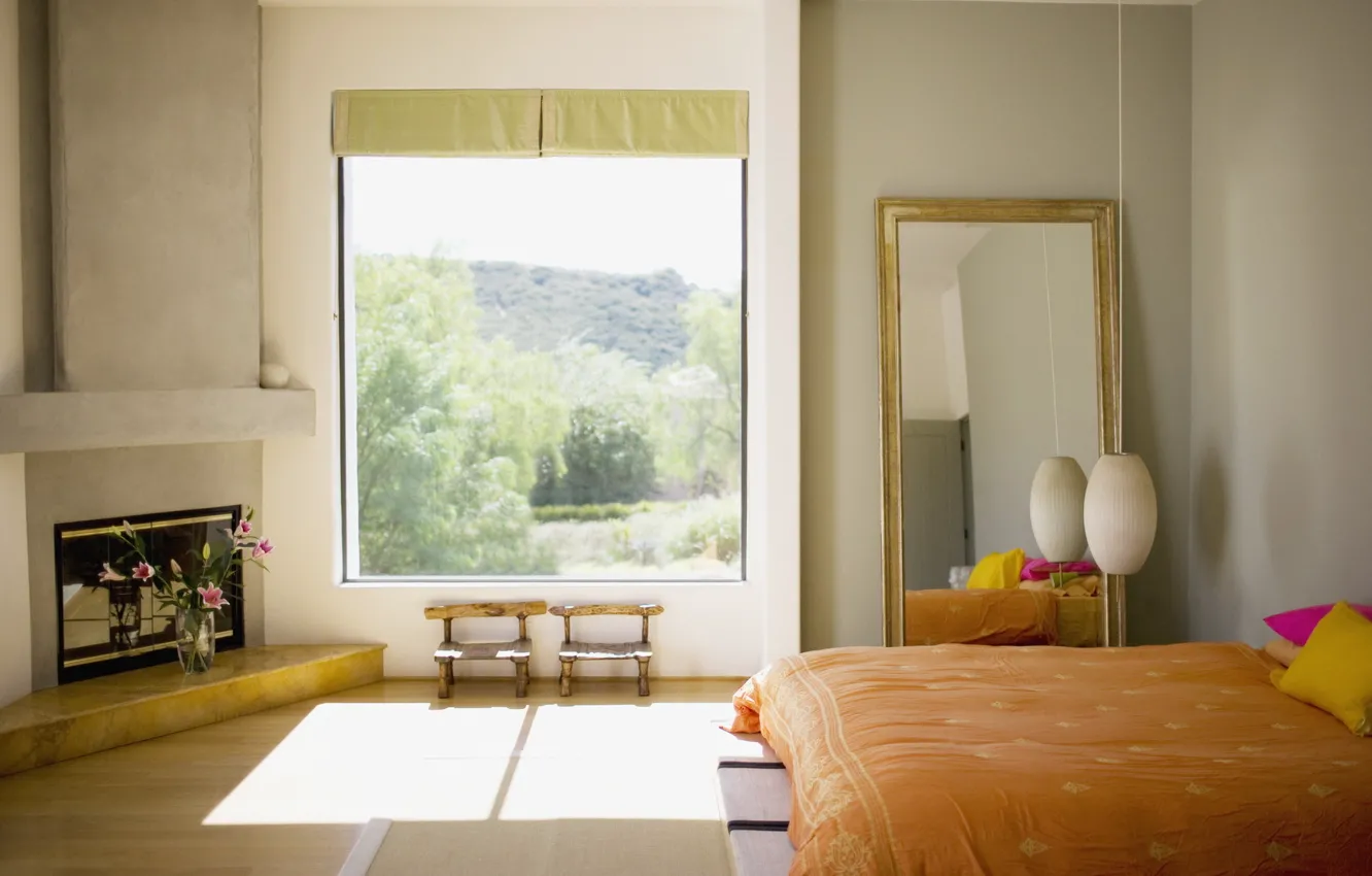 Photo wallpaper light, flowers, morning, fireplace, bedroom