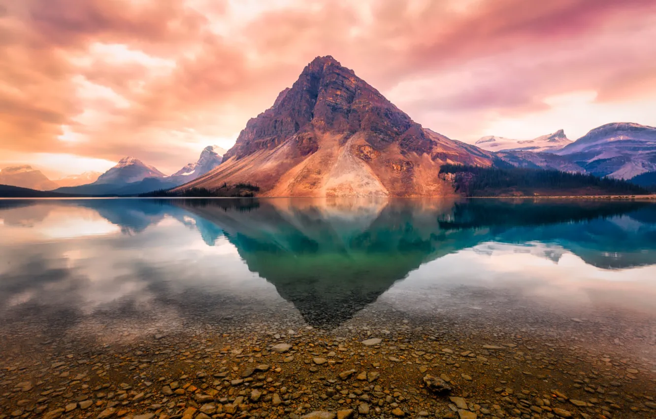 Photo wallpaper water, sunset, reflection, mountain
