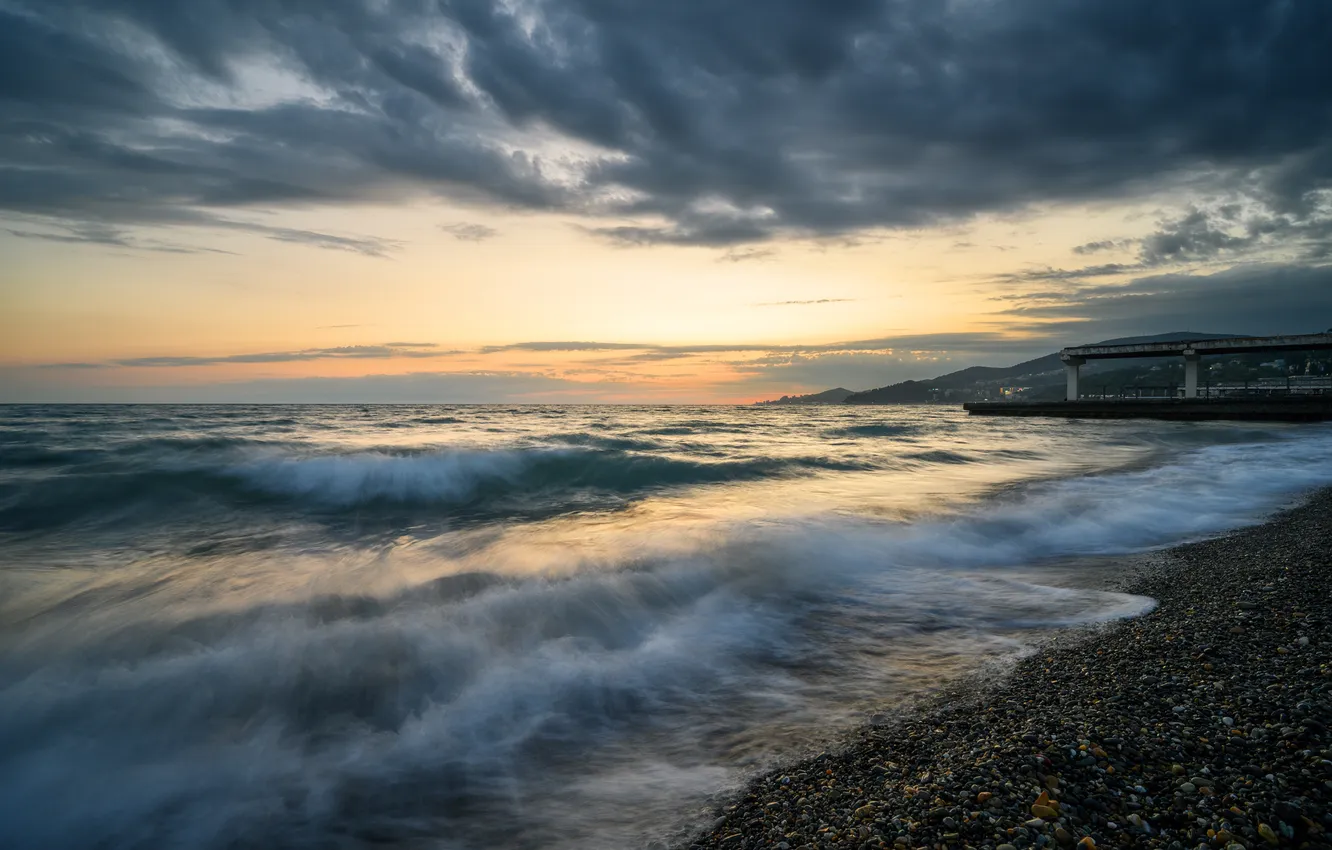 Photo wallpaper sea, wave, clouds, shore, beauty, morning, horizon, space