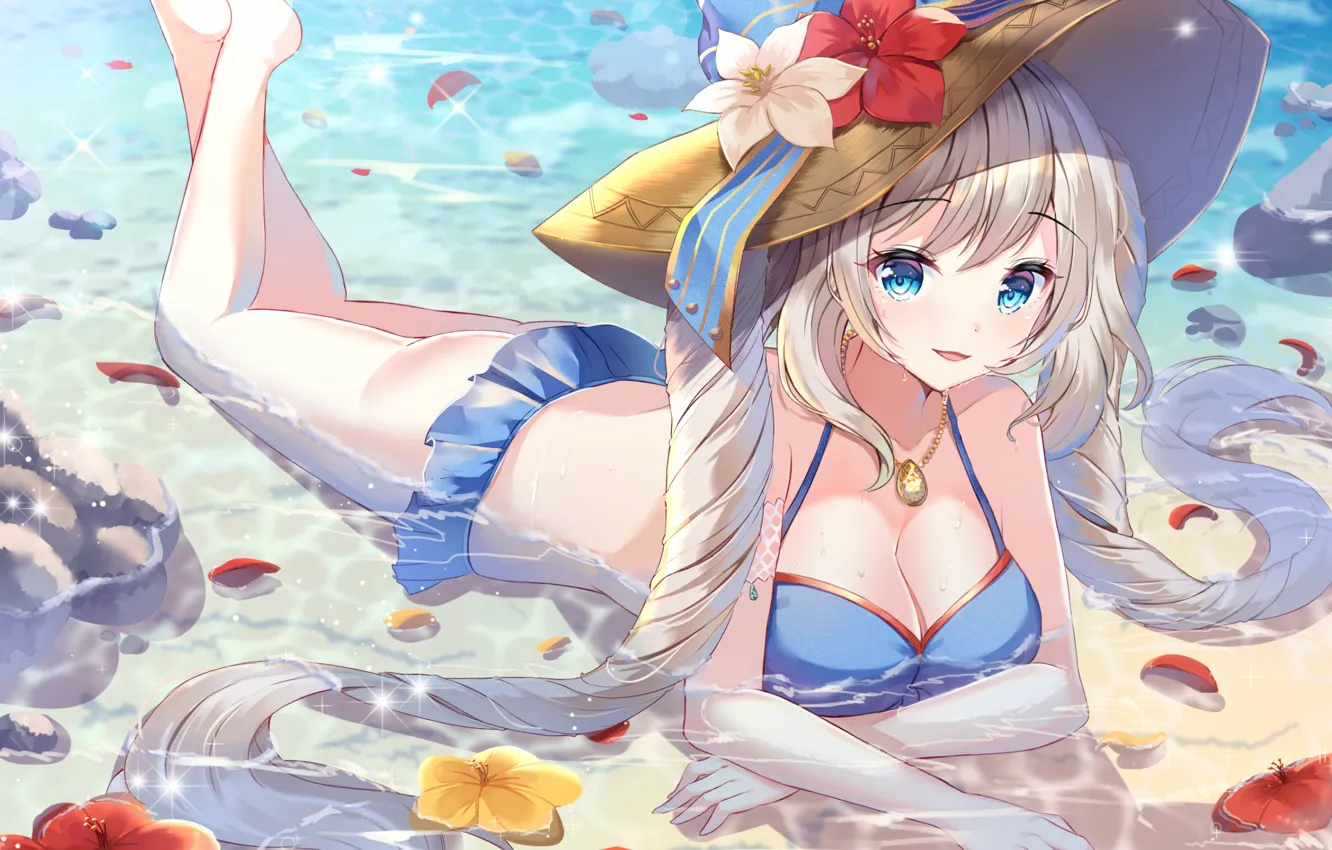 Photo wallpaper girl, sexy, wet, cleavage, beach, long hair, boobs, anime