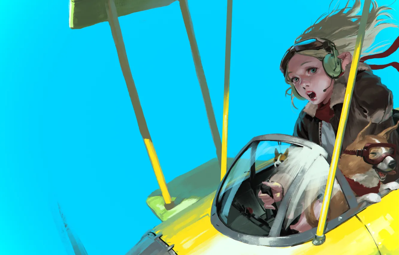 Photo wallpaper the sky, girl, flight, dog, art, glasses, turn, the plane