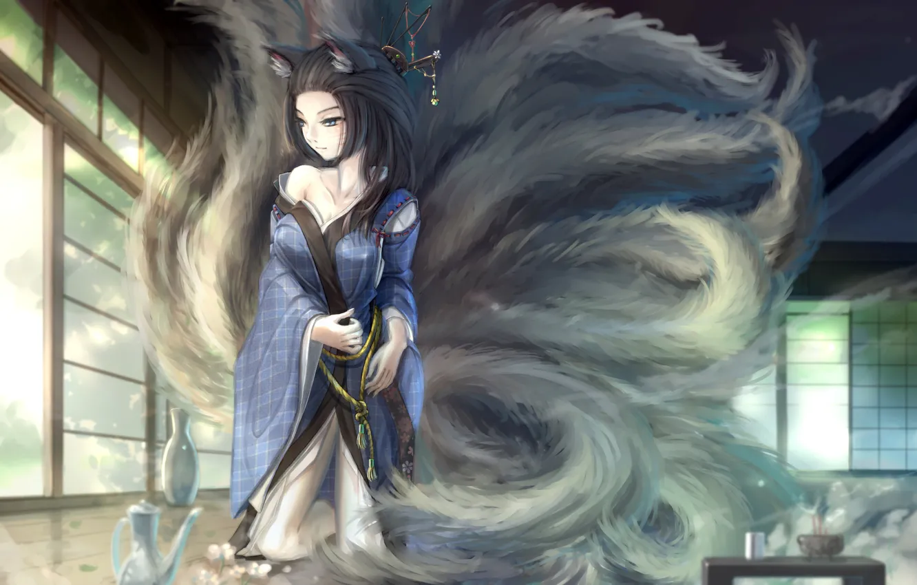 Photo wallpaper girl, flowers, smile, room, the wind, tail, drink, ears