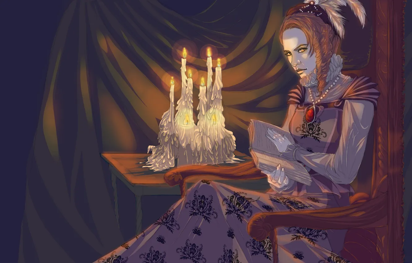 Photo wallpaper look, table, woman, candles, feathers, dress, art, hairstyle