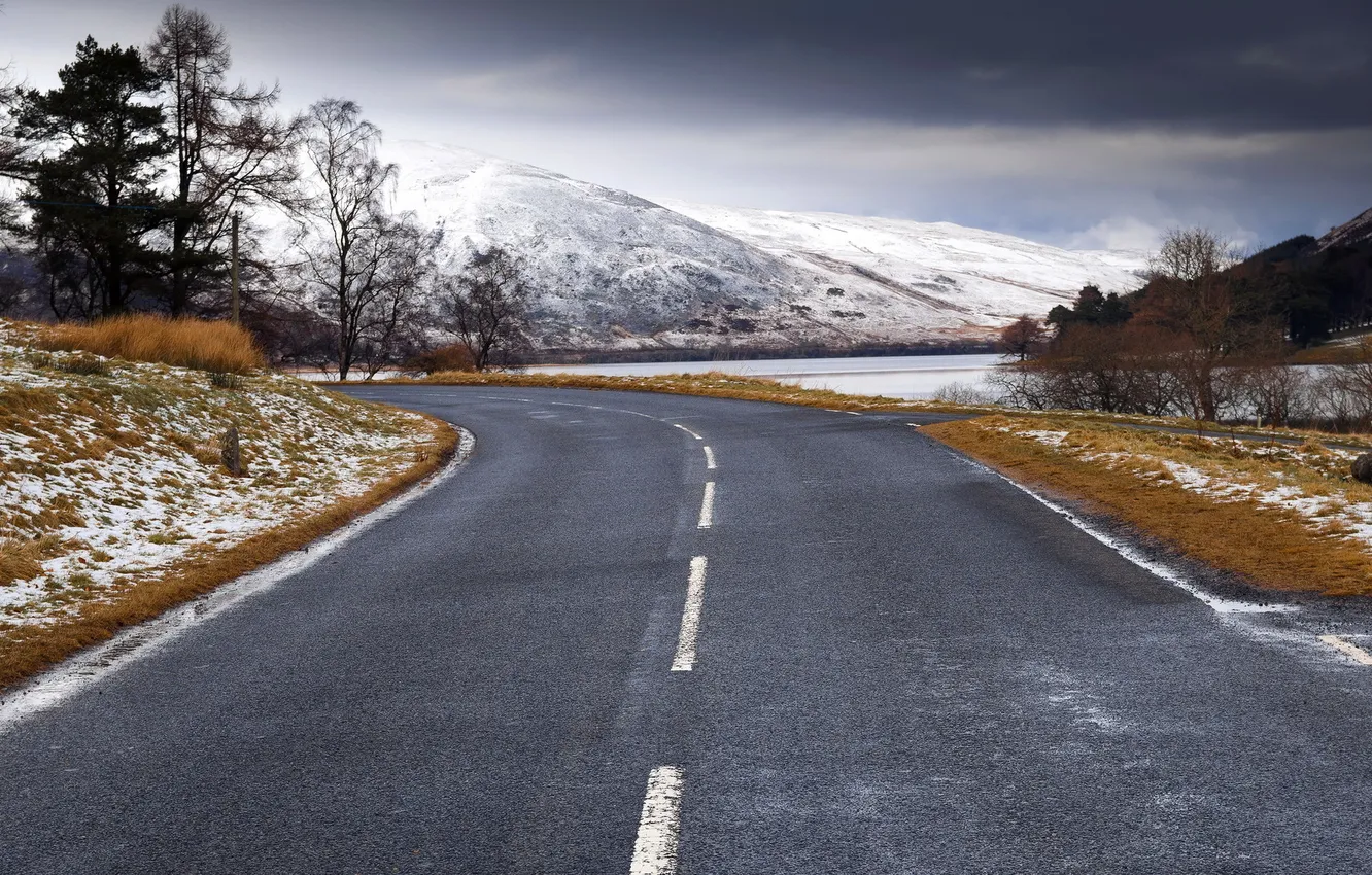 Photo wallpaper winter, road, landscape, mountains