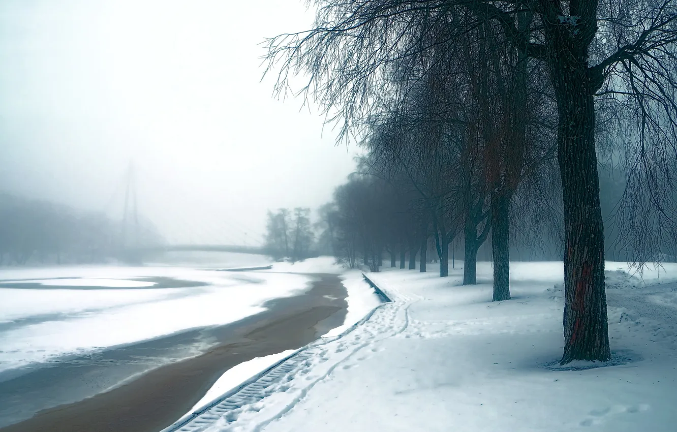 Photo wallpaper winter, snow, nature, the city, fog, river