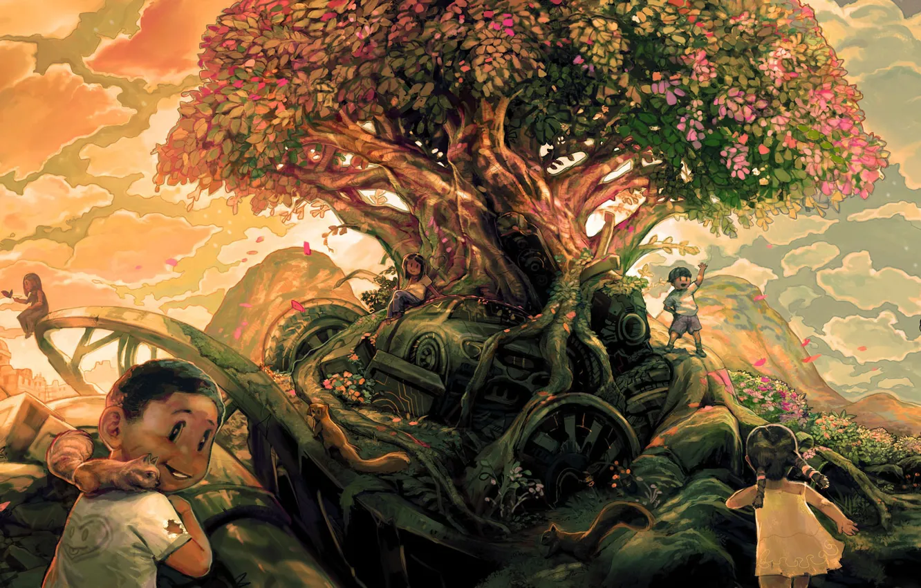 Photo wallpaper clouds, trees, happiness, children, the city, garbage, Junk Tree Paradise