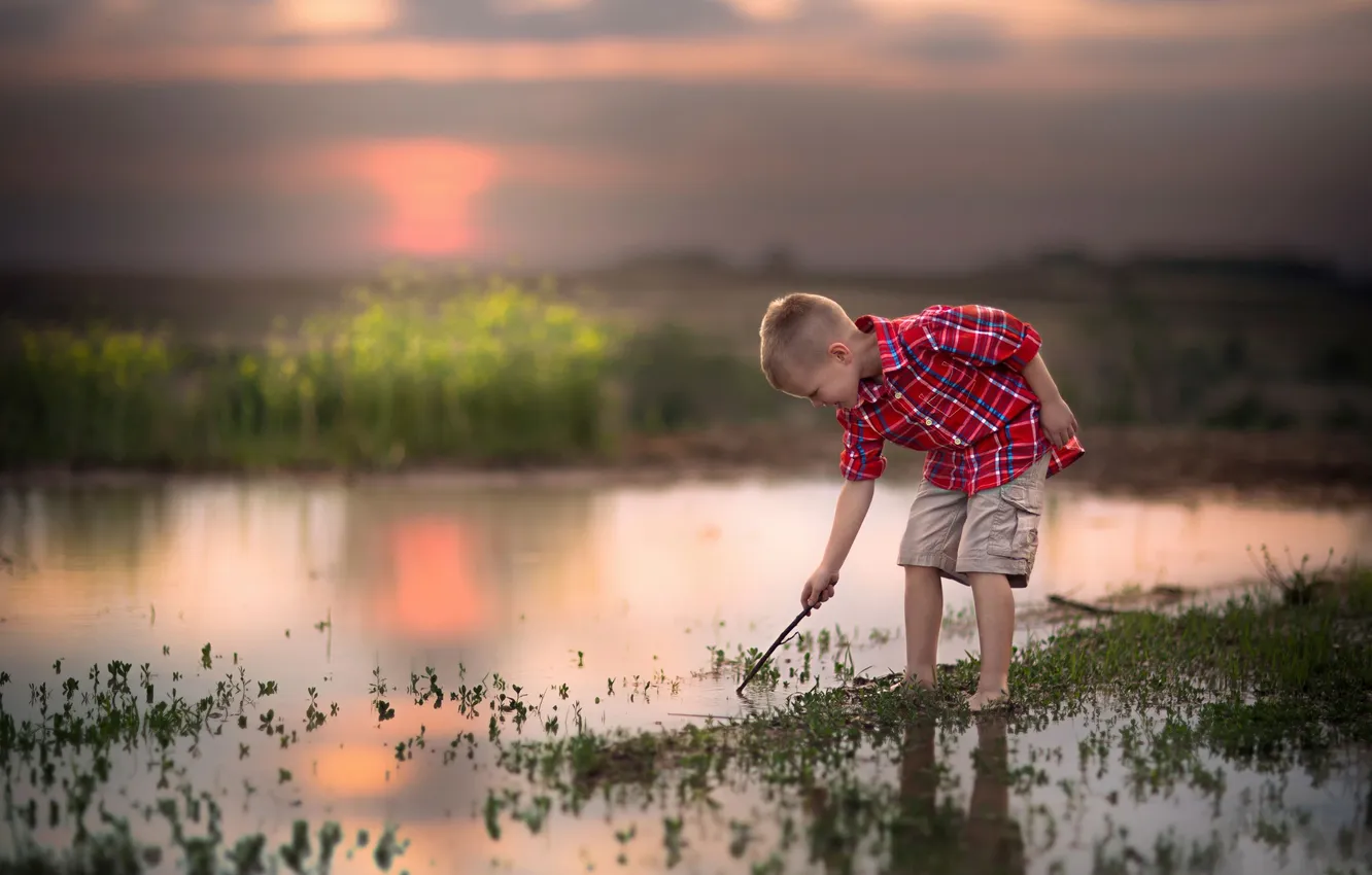 Photo wallpaper shorts, swamp, boy, shirt