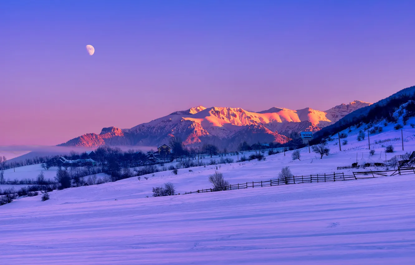 Photo wallpaper moon, twilight, field, sunset, winter, mountains, snow, fog
