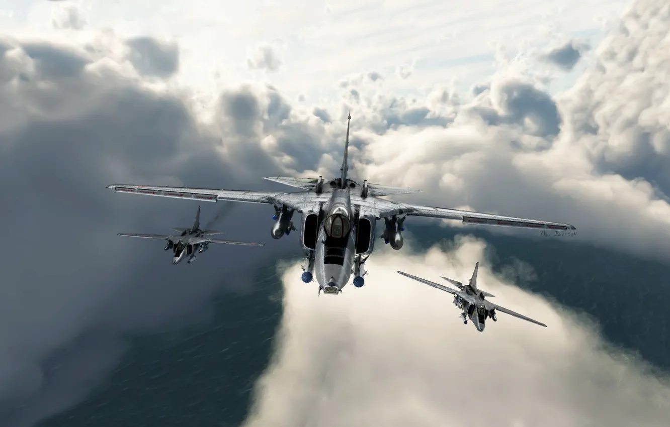 Photo wallpaper The sky, Clouds, Flight, Fighter, Three, MiG, MiG, Bomber