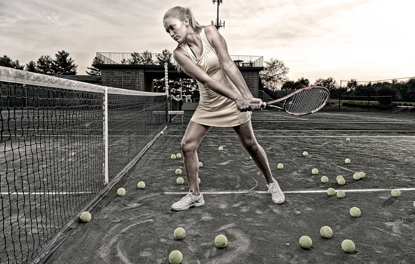 Photo wallpaper girl, sport, the ball, racket, court