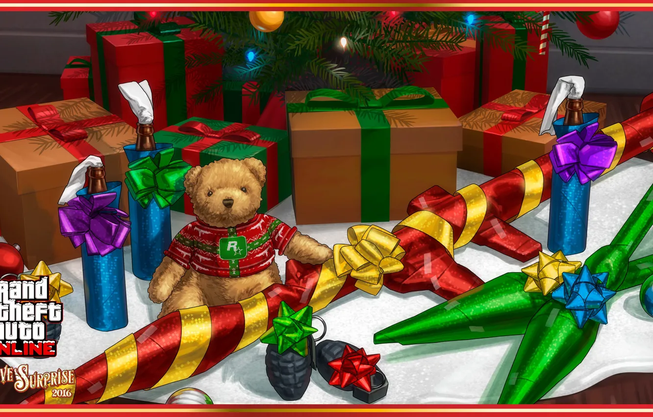 Photo wallpaper gun, game, bear, weapon, rpg, teddy bear, gta, Christmas tree