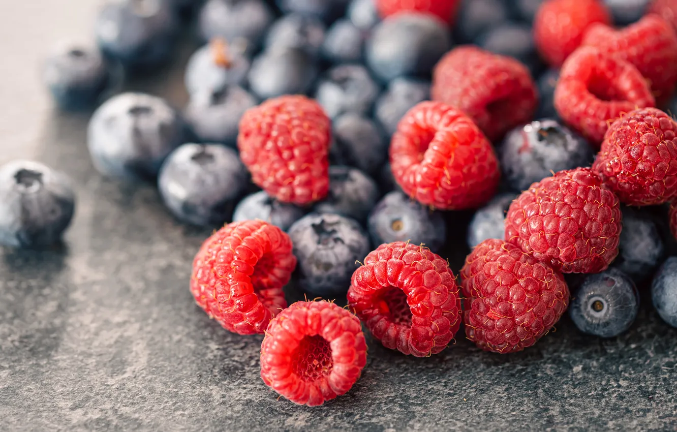Photo wallpaper berries, raspberry, table, blueberries, placer, different, bokeh, composition