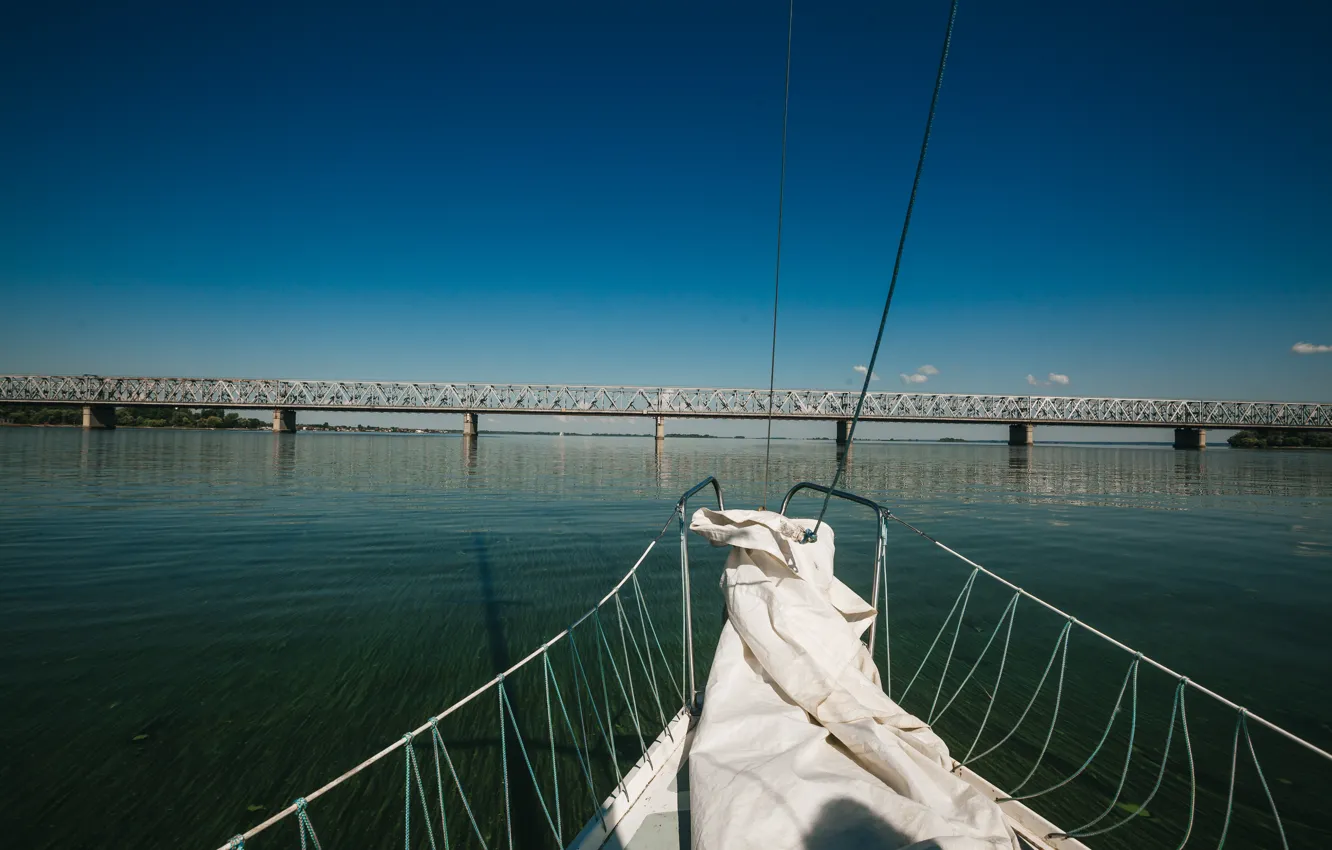 Photo wallpaper white, summer, the sky, water, blue, bridge, river, background