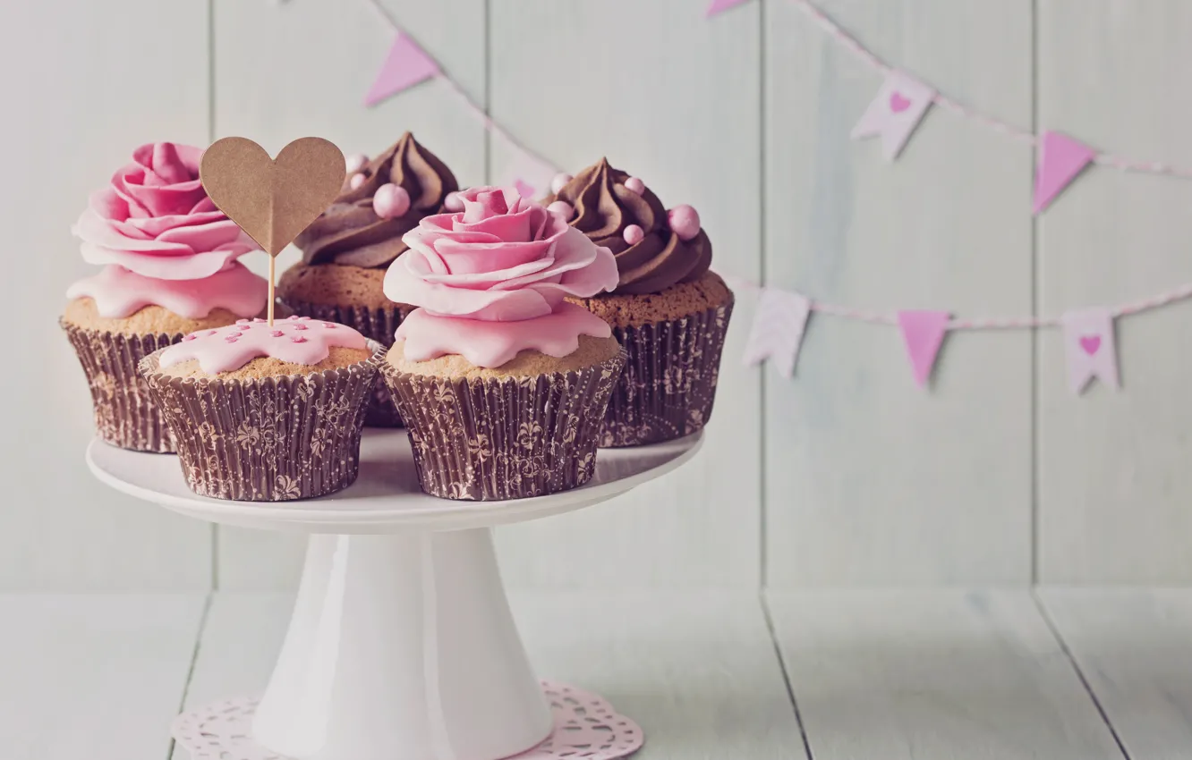Photo wallpaper chocolate, heart, vintage, cream, pink, retro, decor, cupcakes