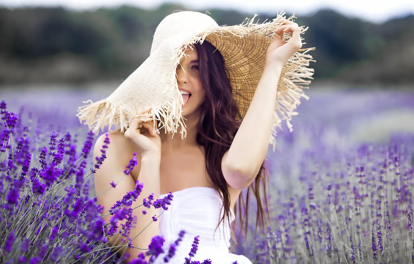 Photo wallpaper field, summer, girl, flowers, portrait, hat, lavender